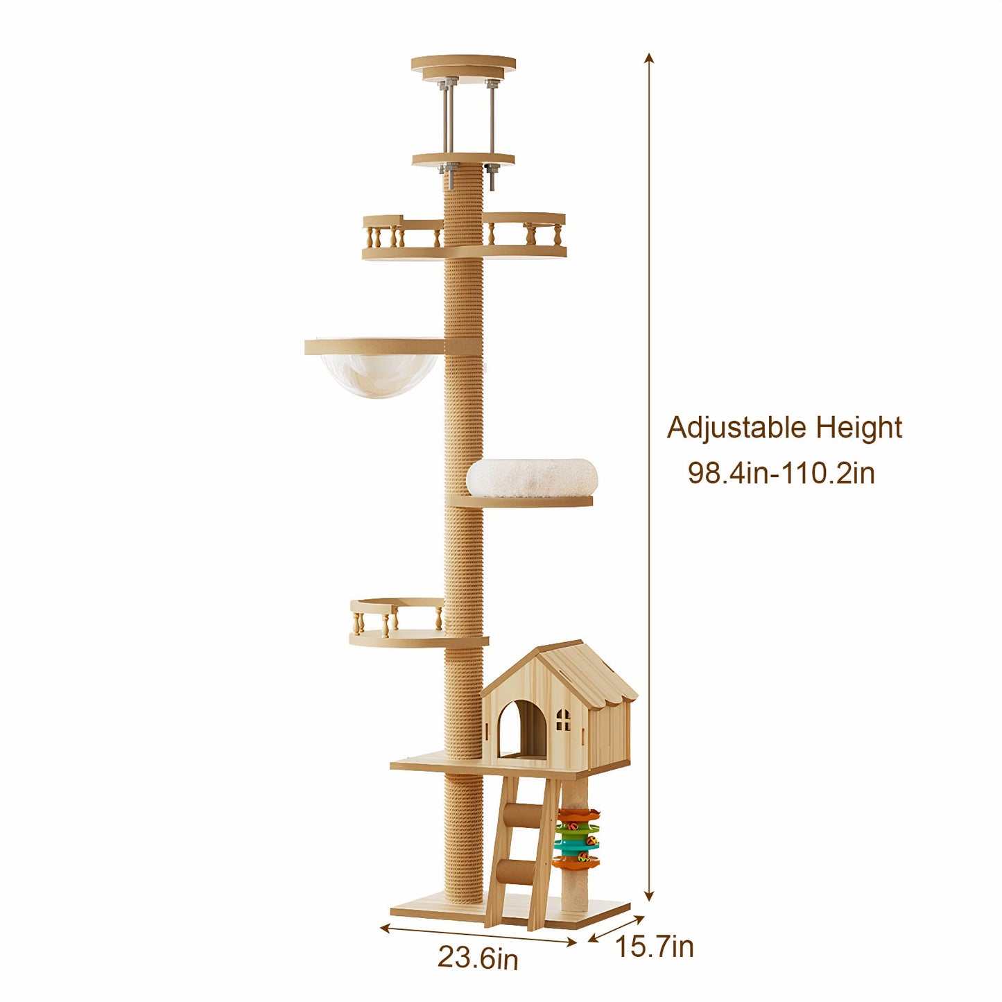 Floor to Ceiling Cat Tree by HouseOfZazla beige sisal post, condo cave bed, adjustable height on Tampa Home & Garden Store
