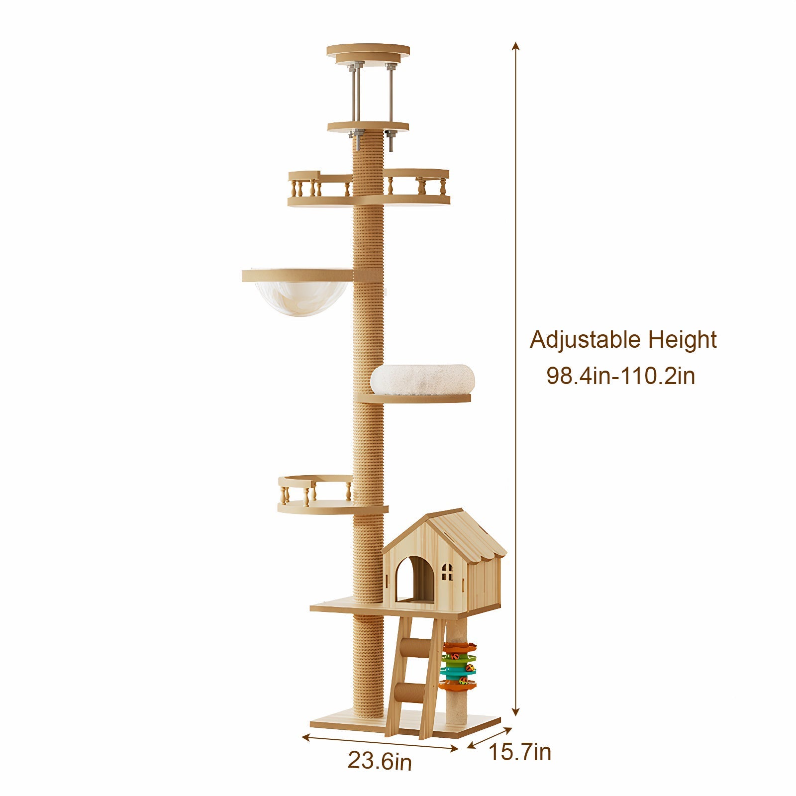 Floor to Ceiling Cat Tree by HouseOfZazla beige sisal post, condo cave bed, adjustable height on Tampa Home & Garden Store