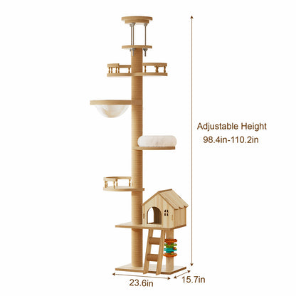 Floor to Ceiling Cat Tree by HouseOfZazla beige sisal post, condo cave bed, adjustable height on Tampa Home & Garden Store