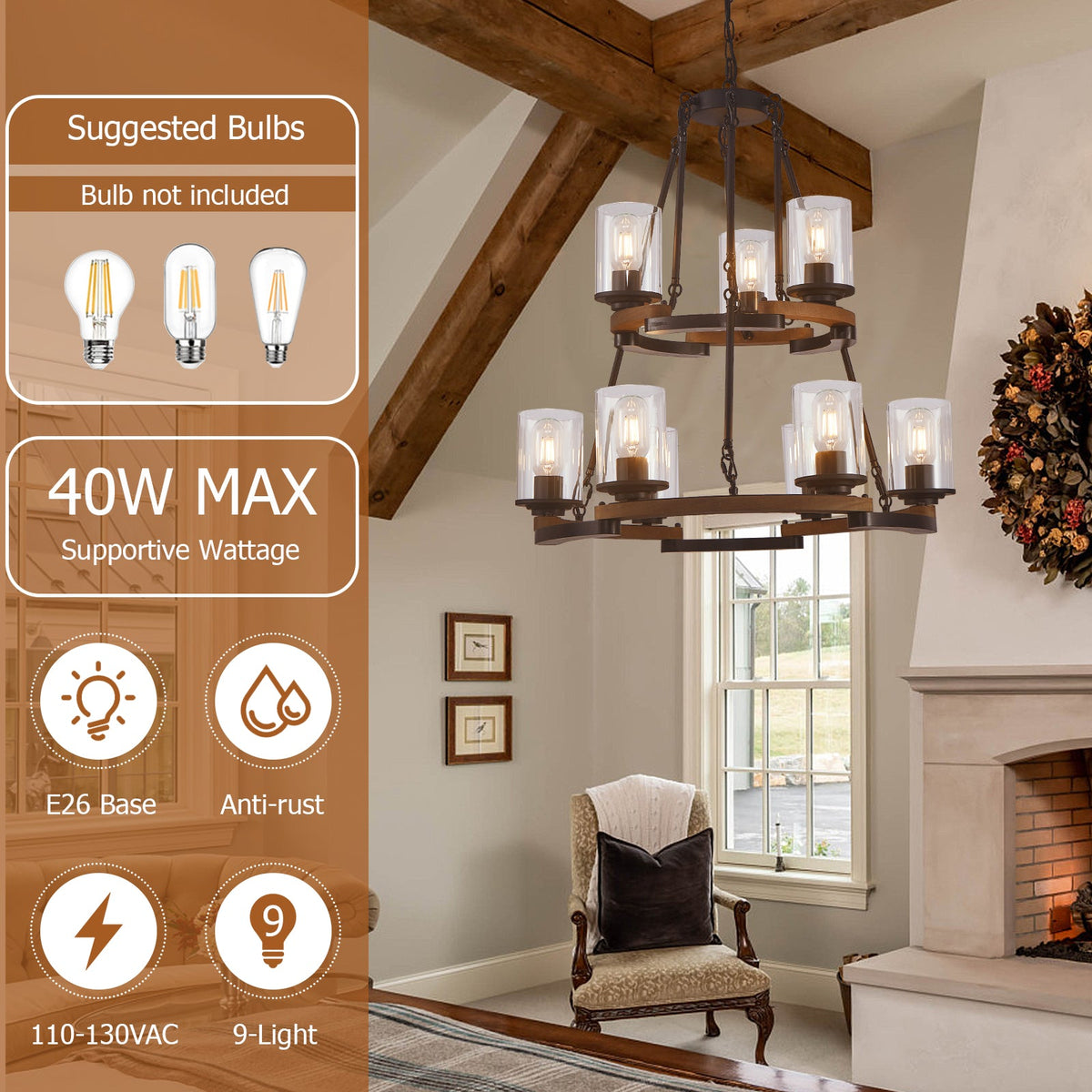 9 Light Vintage Wagon Wheel Farmhouse Chandelier in dark iron with wood accents by HouseOfZazla on Tampa Home & Garden Store