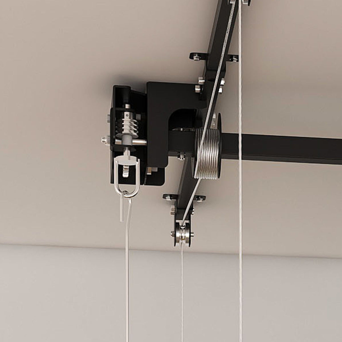 Overhead garage storage rack with crank system, black finish, wall-mounted on Tampa Home & Garden Store