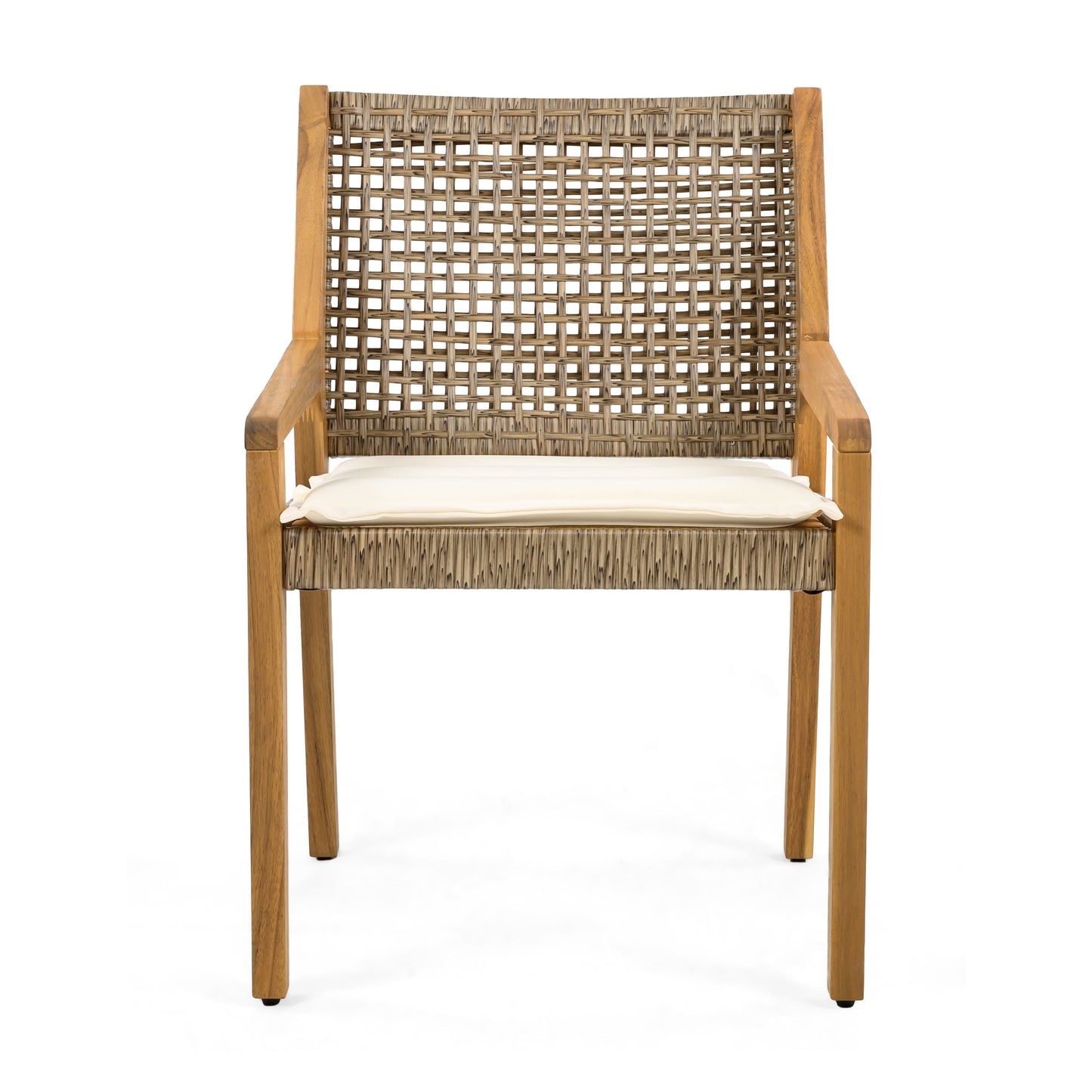 Outdoor dining chair with acacia wood frame and woven wicker back, cream cushion on Tampa Home & Garden Store