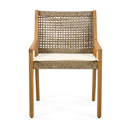 Outdoor dining chair with acacia wood frame and woven wicker back, cream cushion on Tampa Home & Garden Store