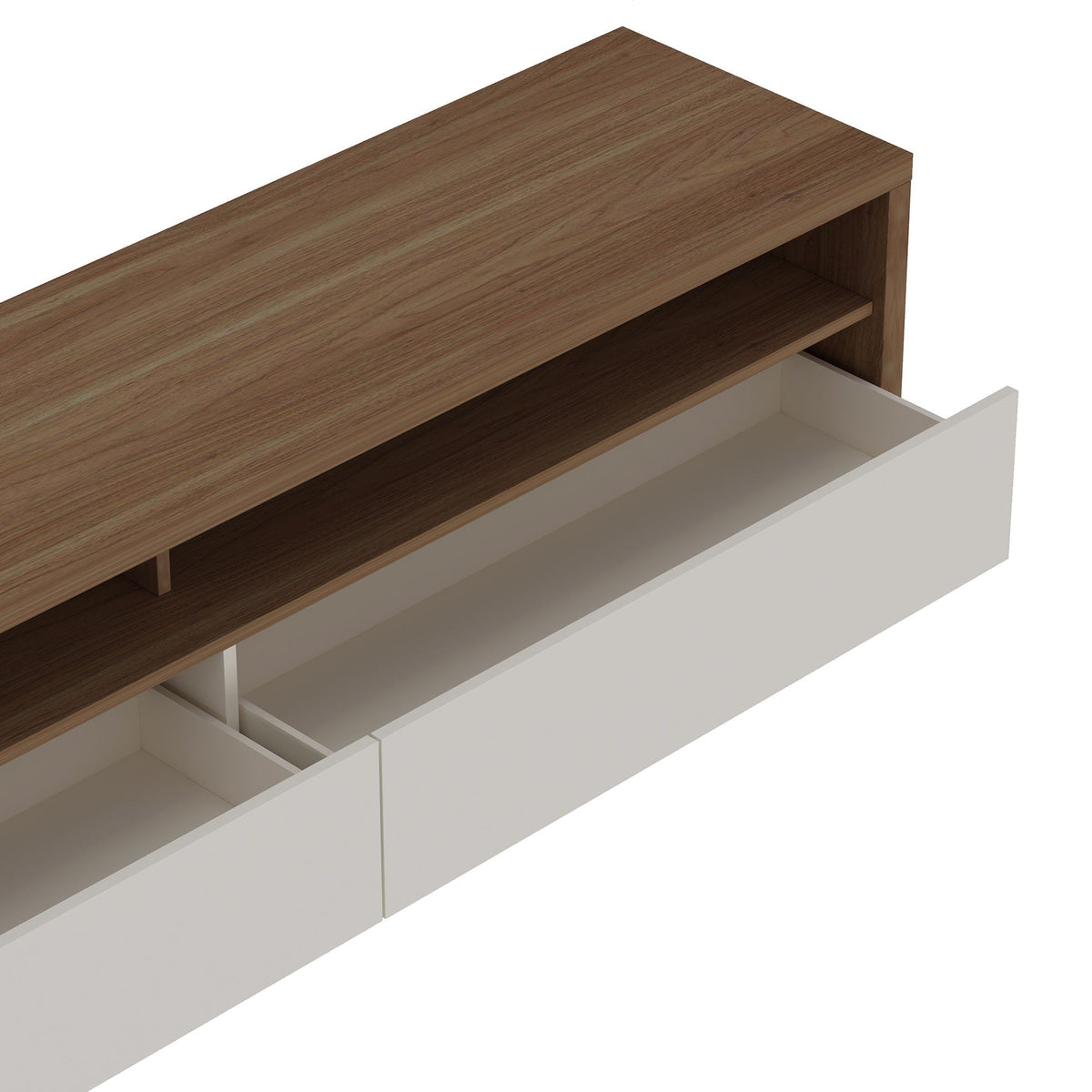 Modern 70in TV stand with full-extension drawers featuring an oak top and white base on Tampa Home & Garden Store