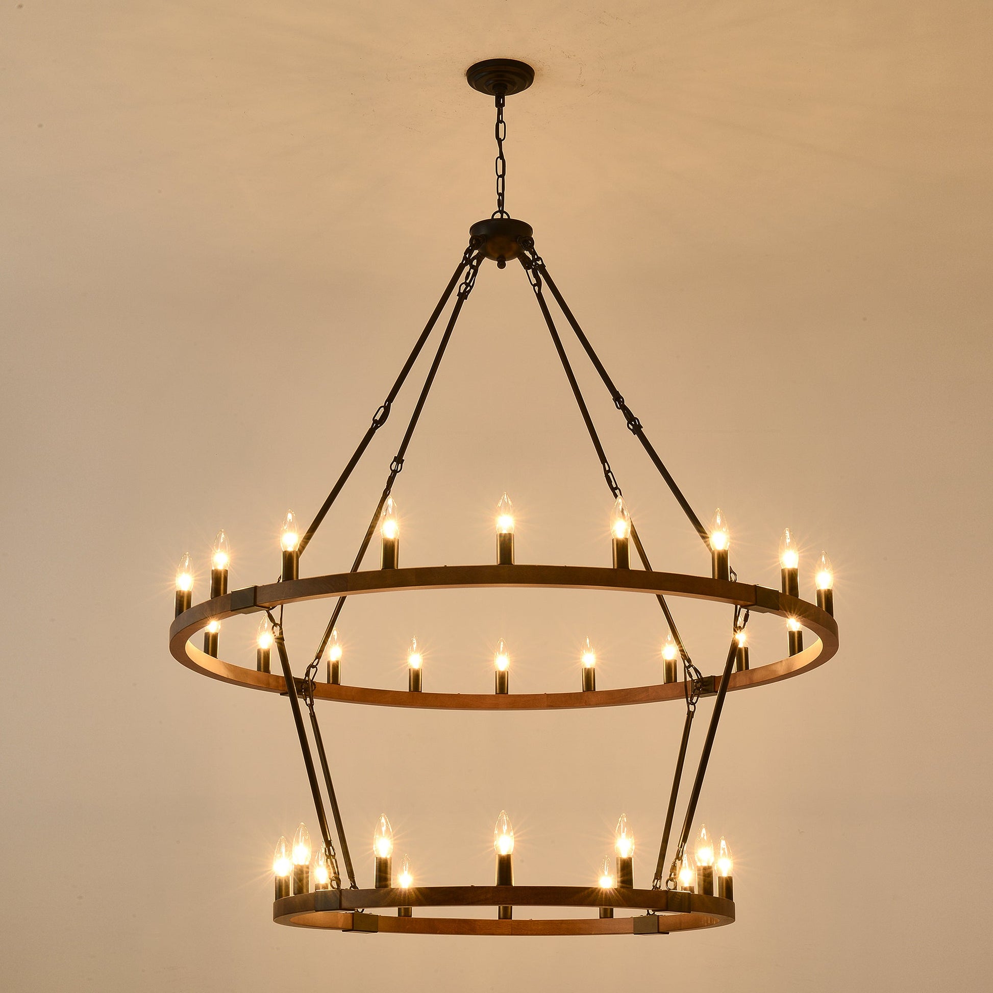 Large solid wood wagon wheel chandelier, 2-tier, 32 lights, brown finish, HouseOfZazla on Tampa Home & Garden Store
