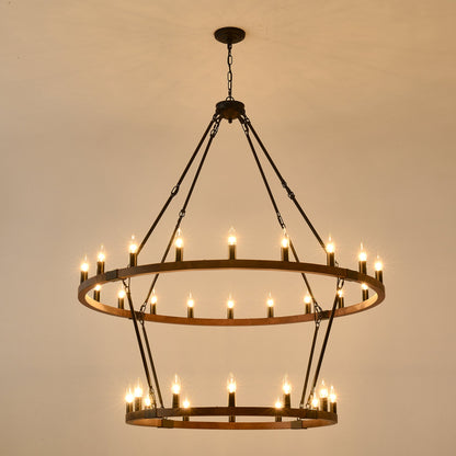 Large solid wood wagon wheel chandelier, 2-tier, 32 lights, brown finish, HouseOfZazla on Tampa Home & Garden Store
