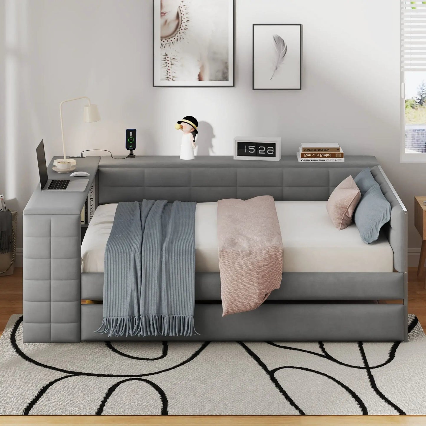 Upholstered Platform Bed with Storage Shelves