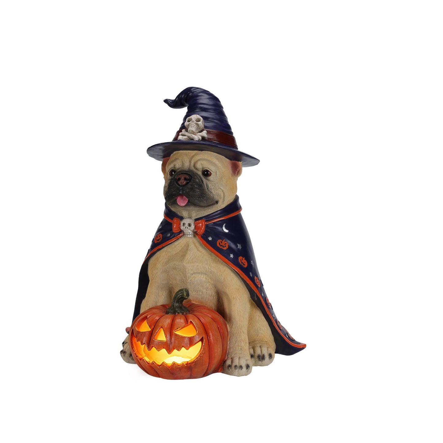 Bulldog witch statue in cape and purple hat with LED-lit jack-o'-lantern pumpkin on Tampa Home & Garden Store
