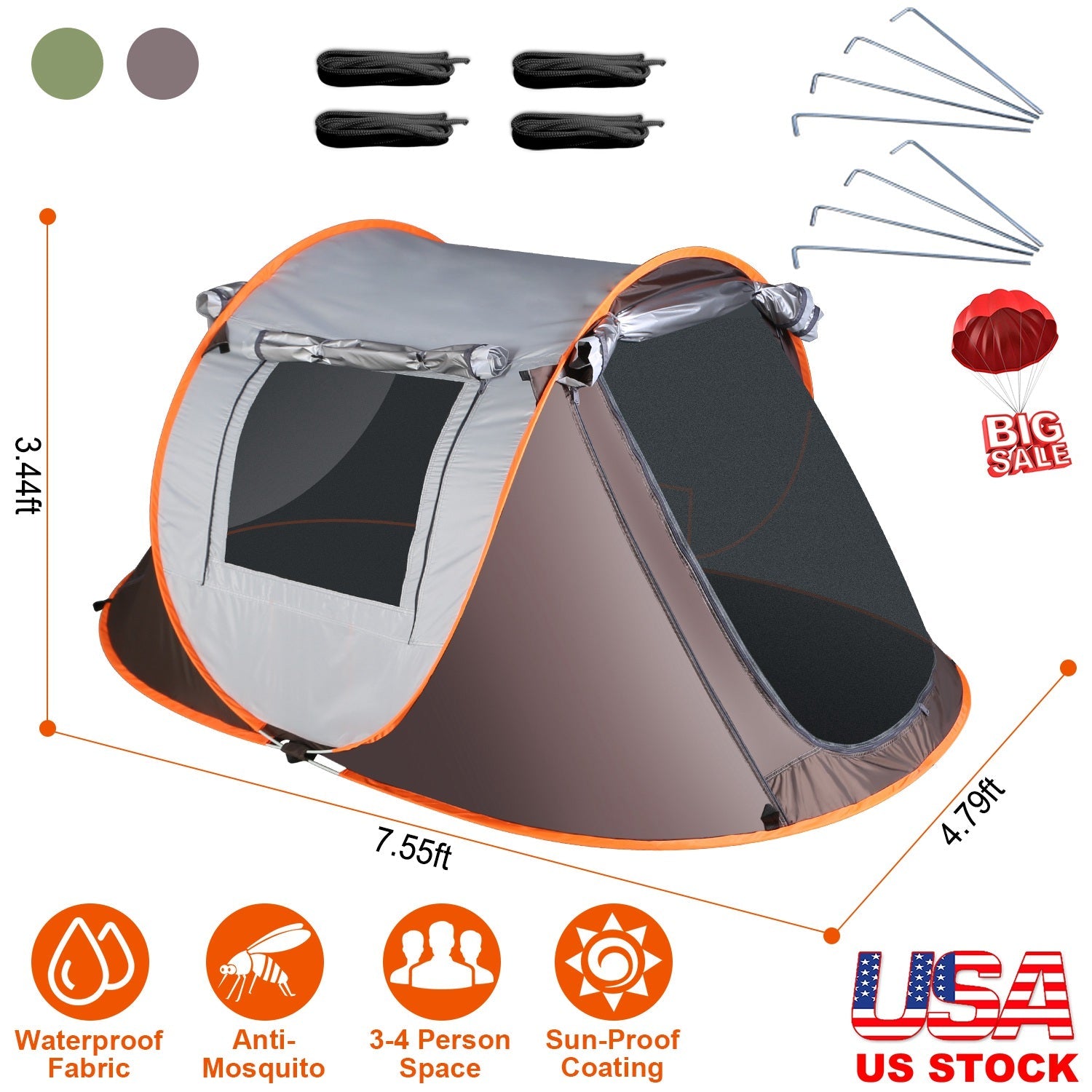 GemGear 3-4 Person Pop Up Tent gray with orange trim and mosquito-net windows on Tampa Home & Garden Store