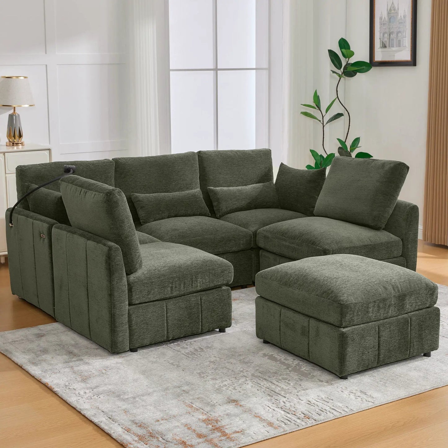 Modern modular U-shaped sofa bed in dark green fabric with movable ottoman, 2-piece set on Tampa Home & Garden Store