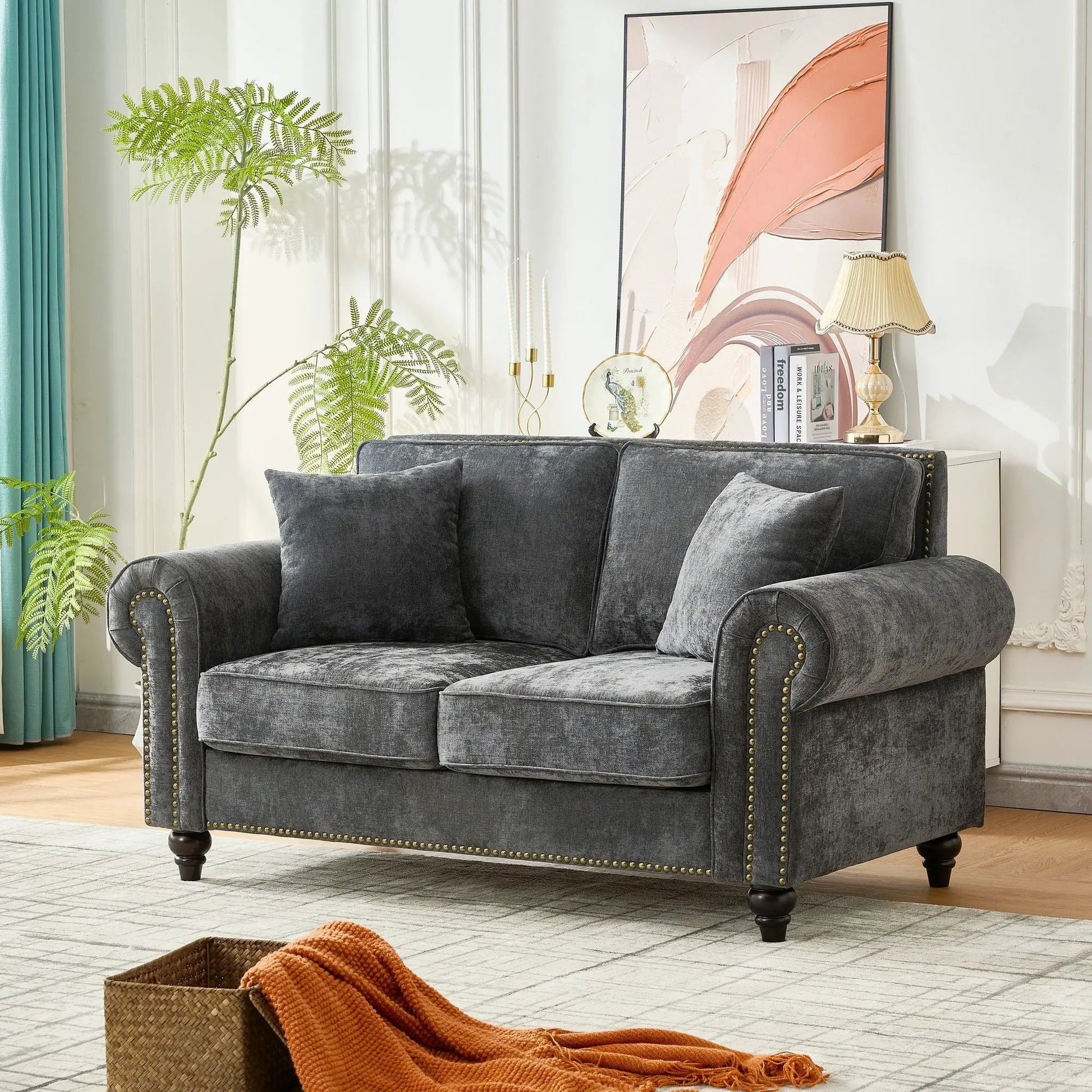 2 Seater Sofa with Rolled Arms, tufted dark gray upholstery and nailhead trim on Tampa Home & Garden Store