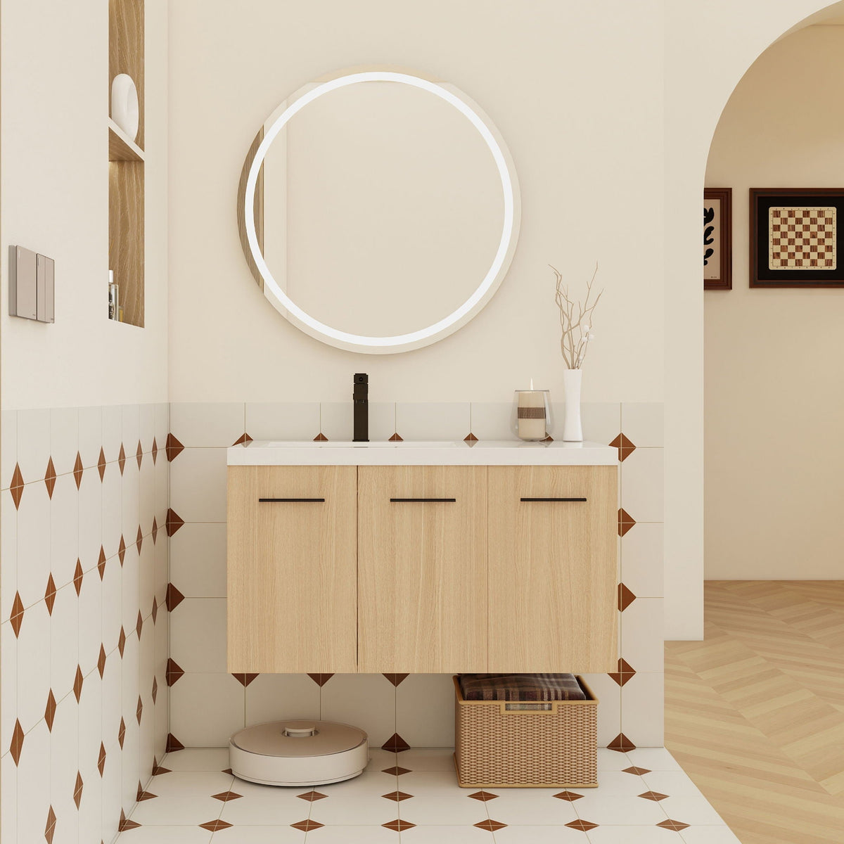 Wall mounted floating vanity in light brown with 3-door cabinet and LED mirror on Tampa Home & Garden Store