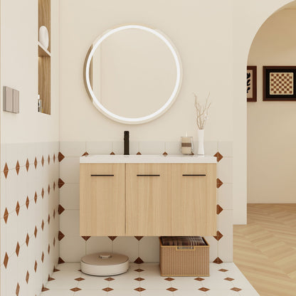 Wall mounted floating vanity in light brown with 3-door cabinet and LED mirror on Tampa Home & Garden Store