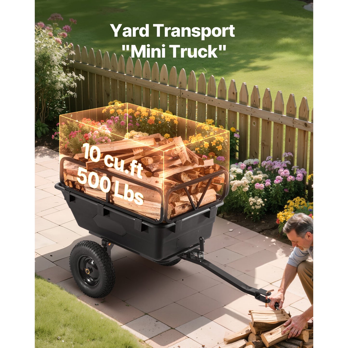 Dump trailer 500 lb capacity, 10 cu ft bed, black tow-behind garden cart on Tampa Home & Garden Store