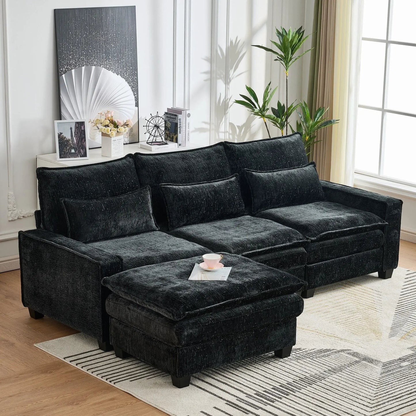 Modern L-shaped sectional sofa with movable ottoman in dark charcoal fabric, 2-piece set on Tampa Home & Garden Store