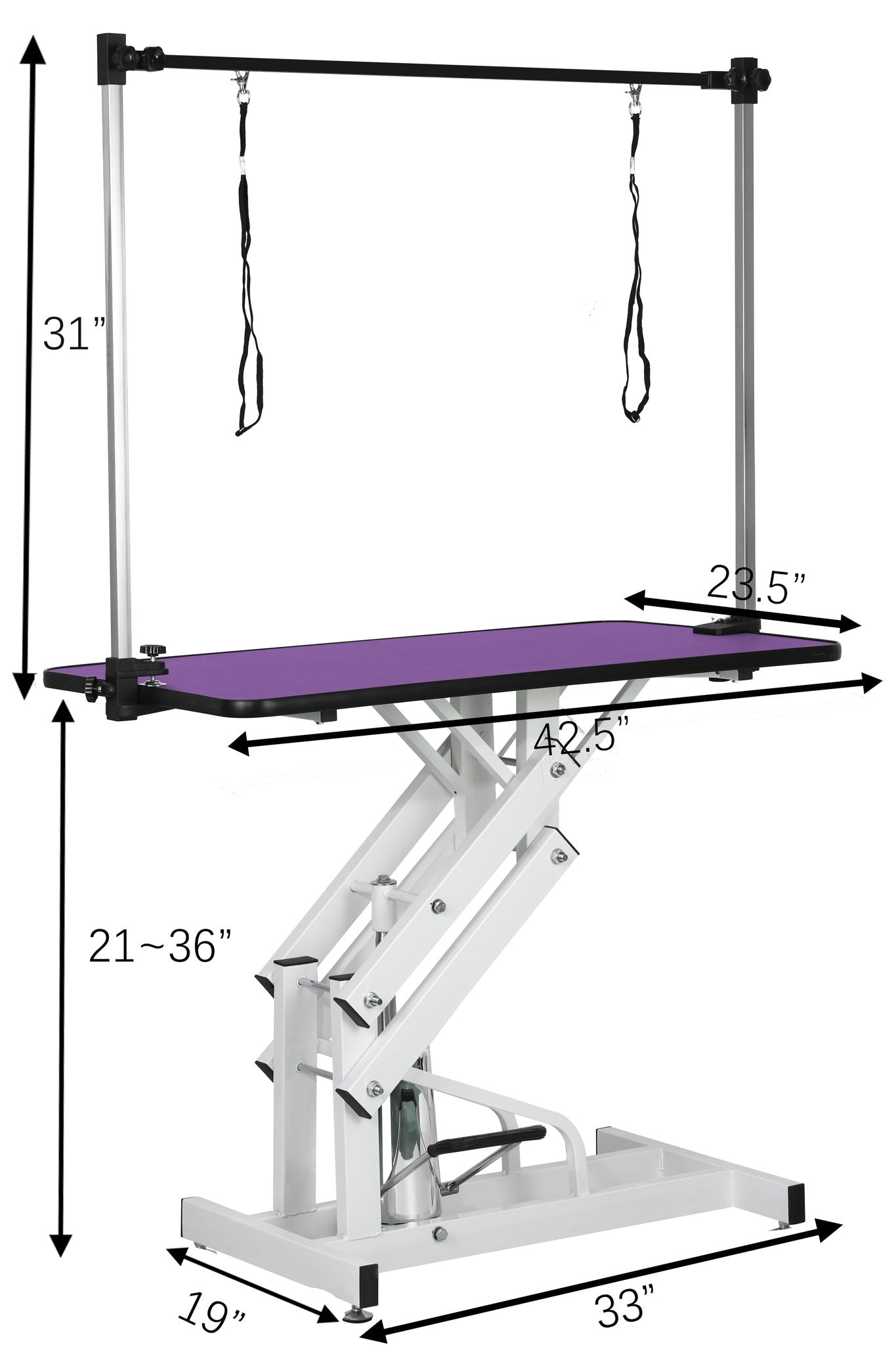 Hydraulic Pet Grooming Table with H Arm by HouseOfZazla, purple padded surface and straps on Tampa Home & Garden Store
