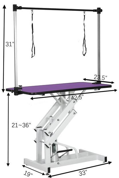 Hydraulic Pet Grooming Table with H Arm by HouseOfZazla, purple padded surface and straps on Tampa Home & Garden Store