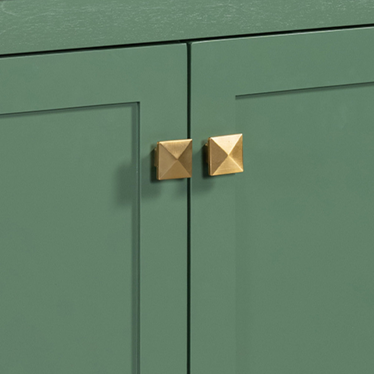 Green solid wood bathroom vanity with two doors and brass square pulls on Tampa Home & Garden Store