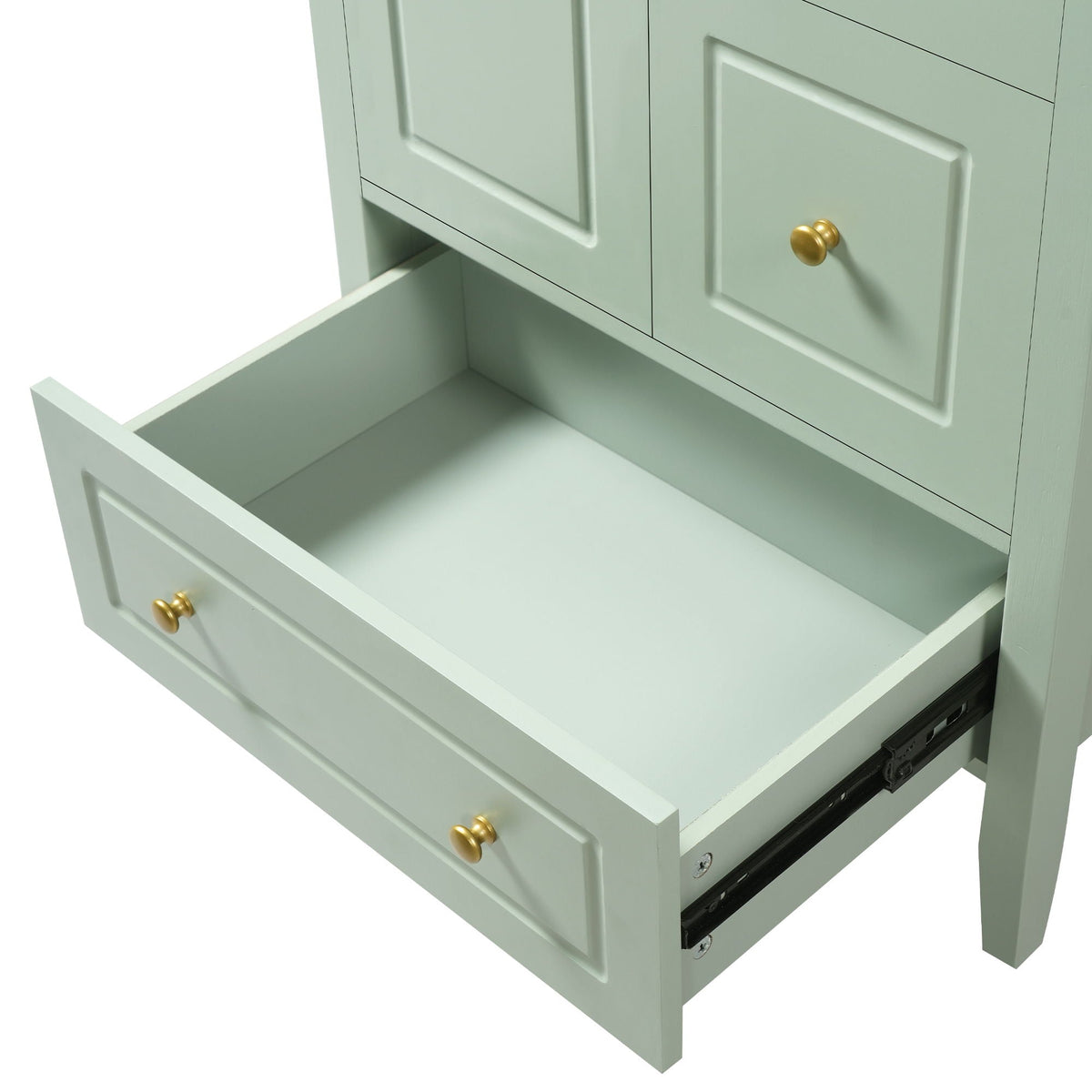 Retro bathroom vanity in green with gold knobs and soft-closing drawers by HouseOfZazla on Tampa Home & Garden Store