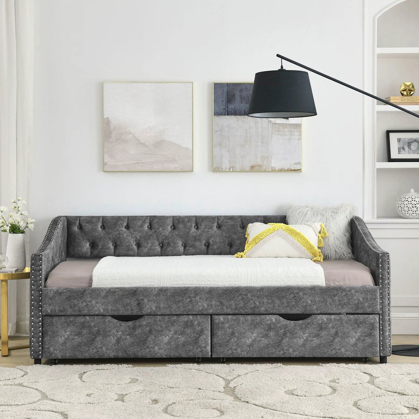 Upholstered tufted daybed with 2 storage drawers in gray fabric, waved arms on Tampa Home & Garden Store