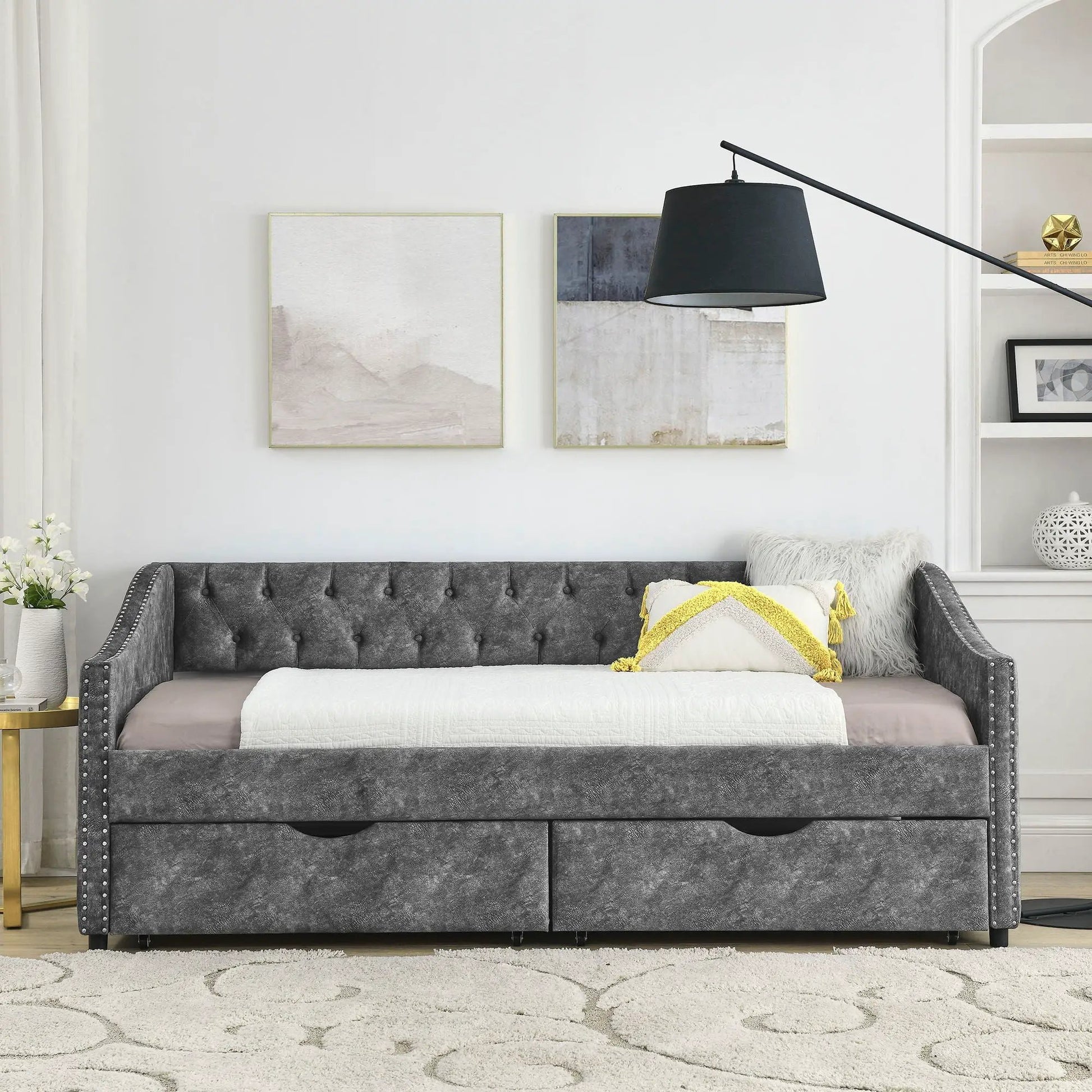 Upholstered tufted daybed with 2 storage drawers in gray fabric, waved arms on Tampa Home & Garden Store