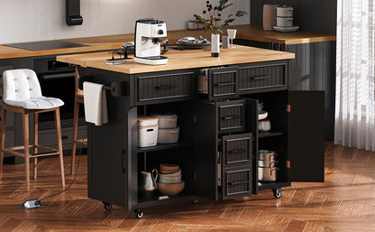 K&K 56.5'' Kitchen Island with black cabinets and wood top on caster wheels on Tampa Home & Garden Store