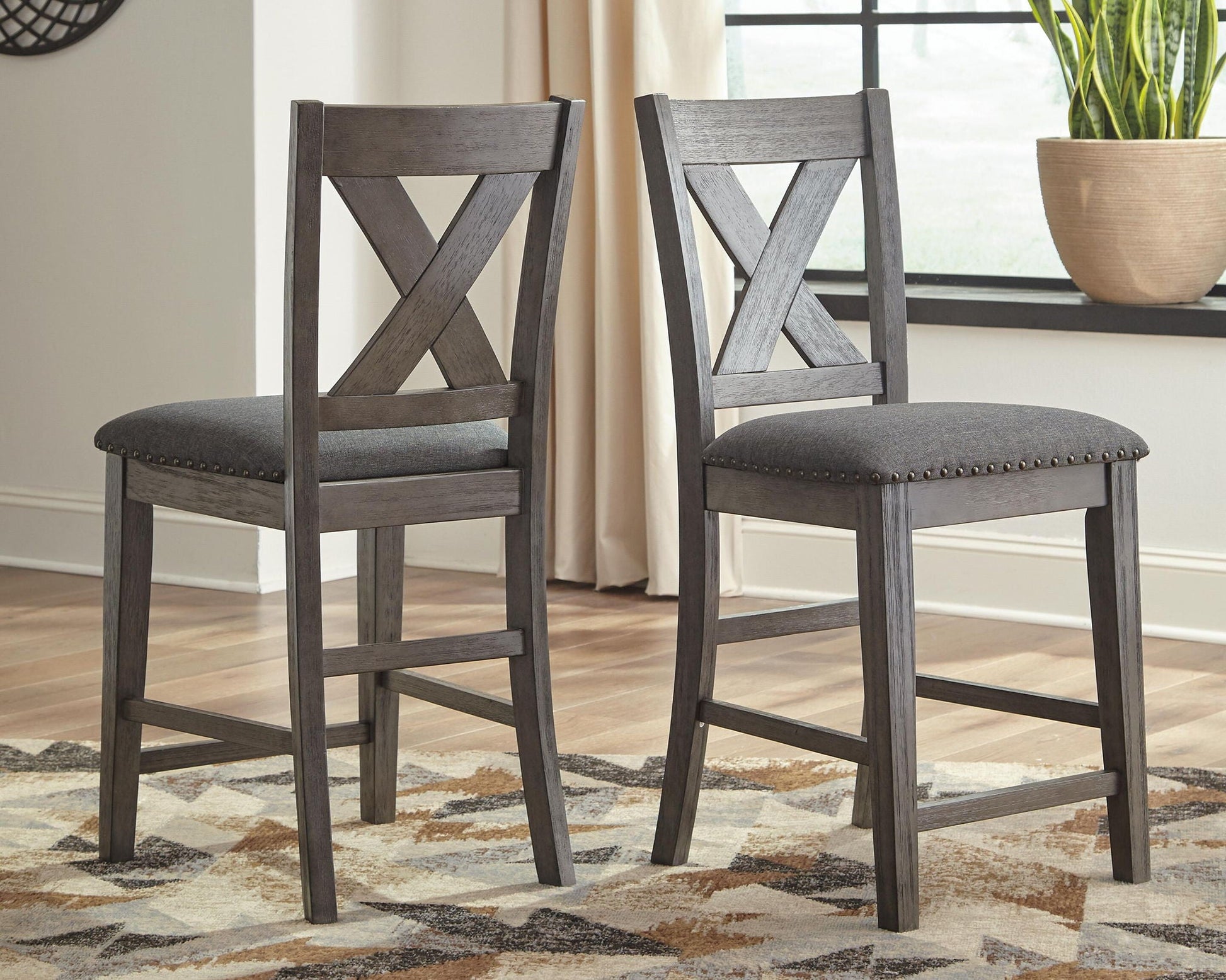 Caitbrook Upholstered Barstool set of 2 gray wood with crossback and nailhead trim on Tampa Home & Garden Store