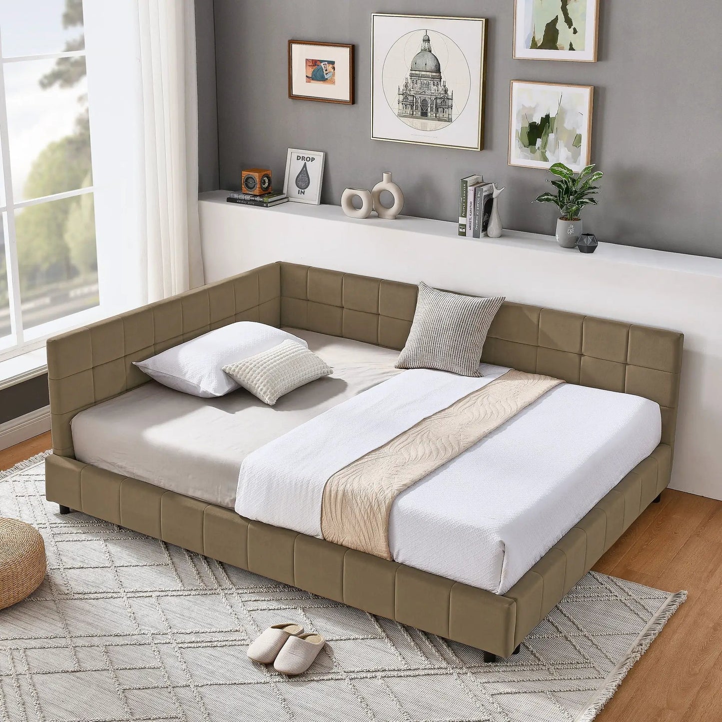 Upholstered Bed Frame with Tufted Backrest