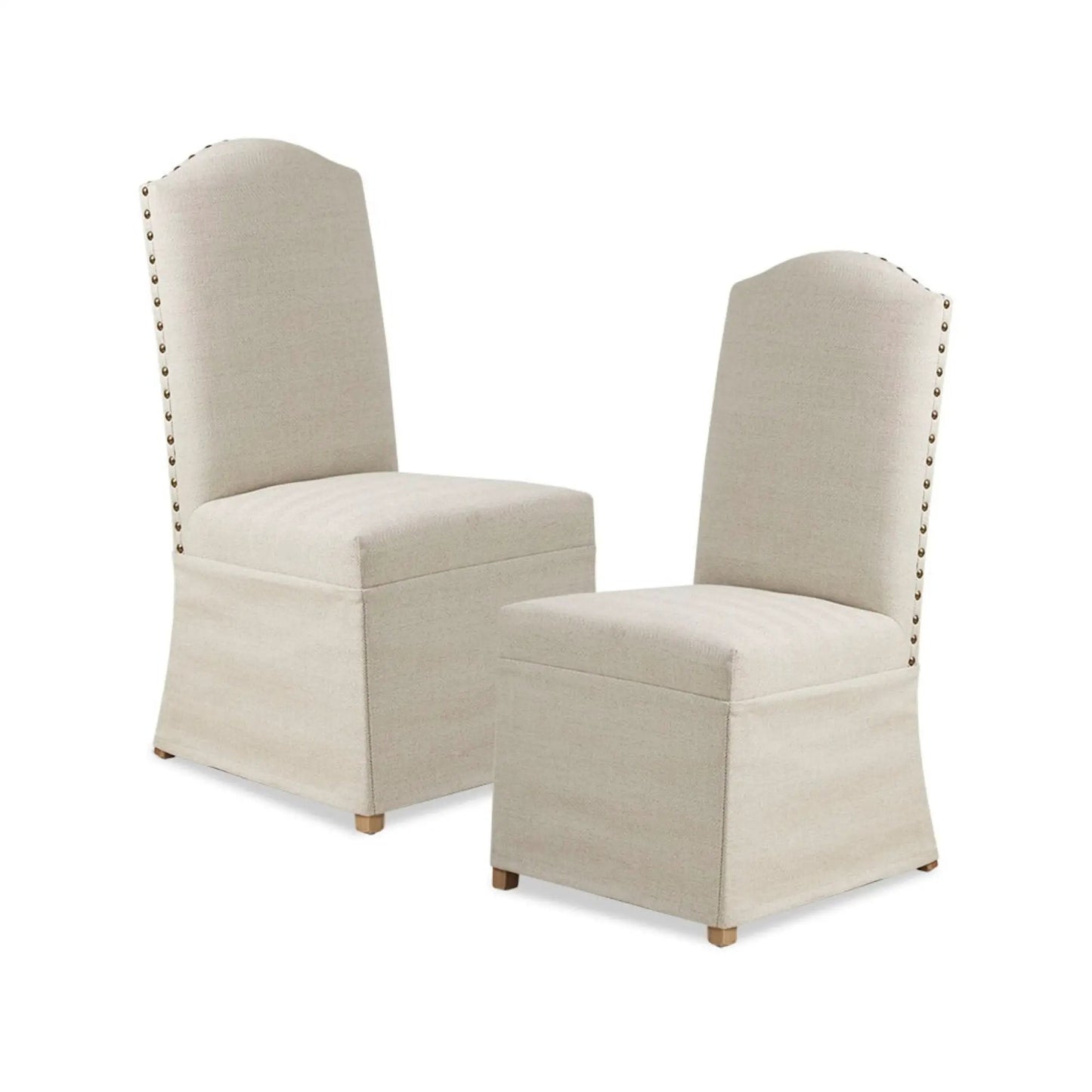 Dining chair set of 2 beige fabric with skirted bases and nailhead trim on Tampa Home & Garden Store