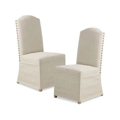 Dining chair set of 2 beige fabric with skirted bases and nailhead trim on Tampa Home & Garden Store