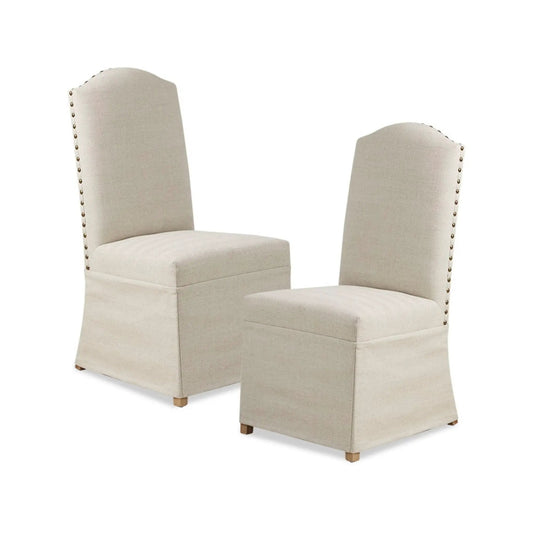Dining chair set of 2 beige fabric with skirted bases and nailhead trim on Tampa Home & Garden Store