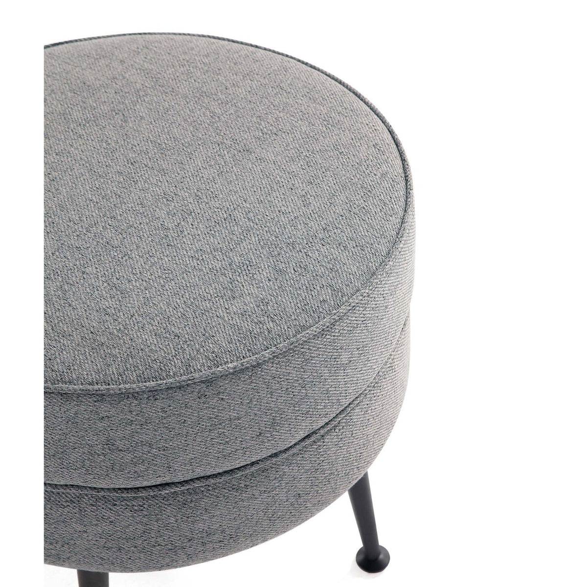 Bailey Accent Ottoman round upholstered ottoman in grey textured fabric with black metal legs on Tampa Home & Garden Store