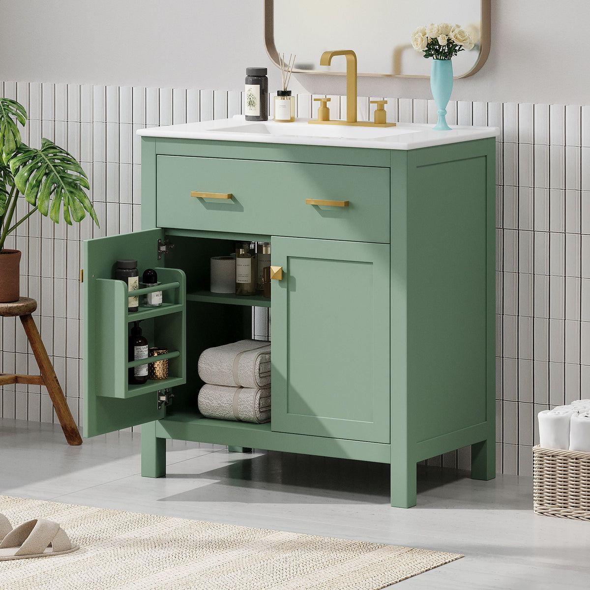 Green bathroom vanity with ceramic sink and gold hardware, soft-close doors by HouseOfZazla on Tampa Home & Garden Store