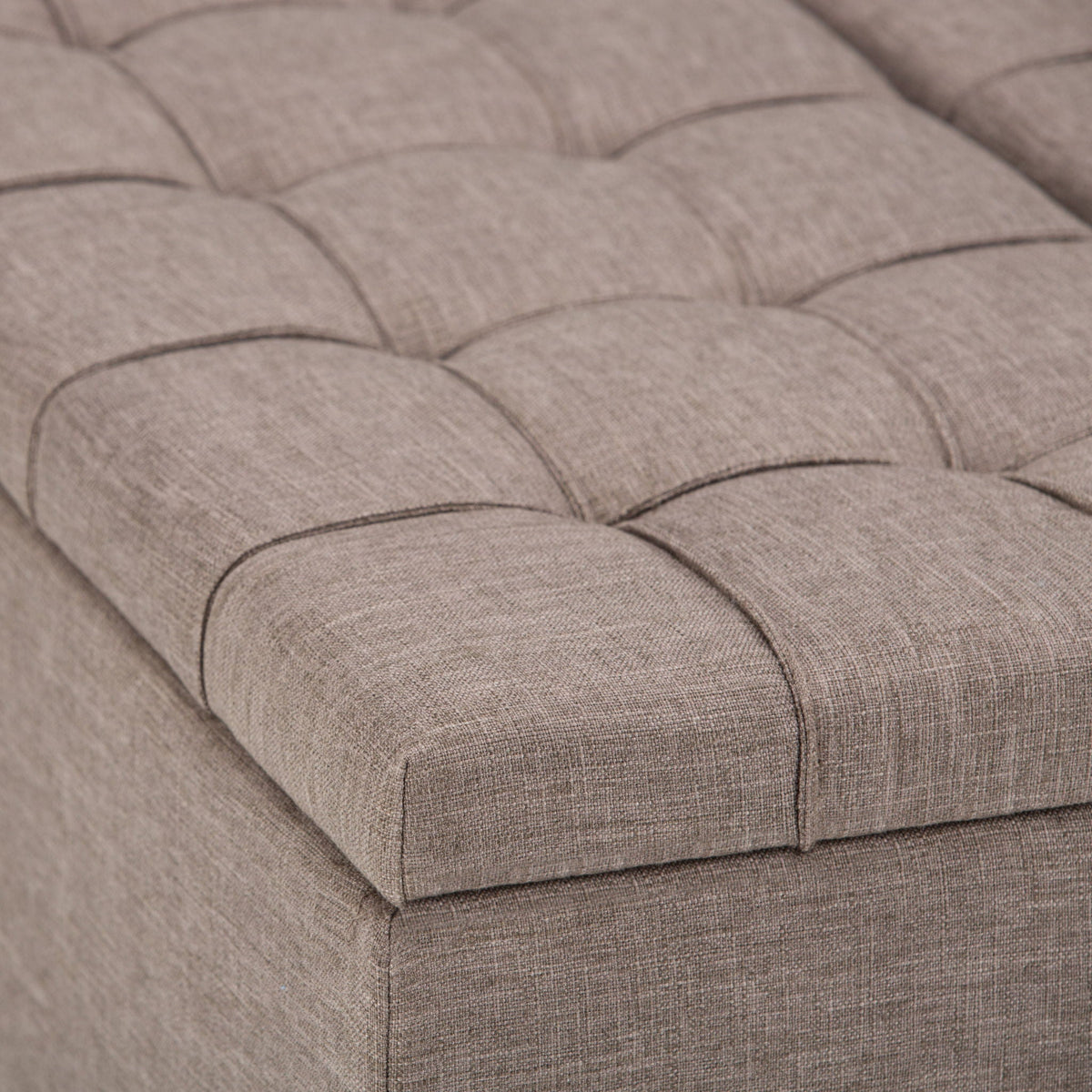 Harrison Tufted Lift Top and Storage Ottoman in taupe linen fabric with stitched tufting on Tampa Home & Garden Store