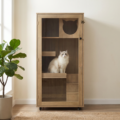 Basia Rubber Wood Cat Cabinet with Wheels HouseOfZazla glass door silhouette cat inside on Tampa Home & Garden Store
