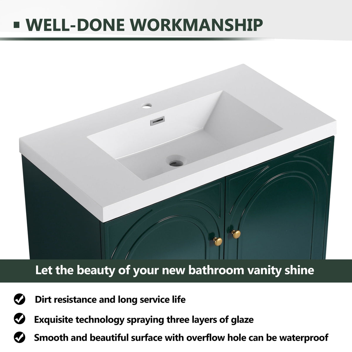 HouseOfZazla vanity with white resin sink and green doors on Tampa Home & Garden Store