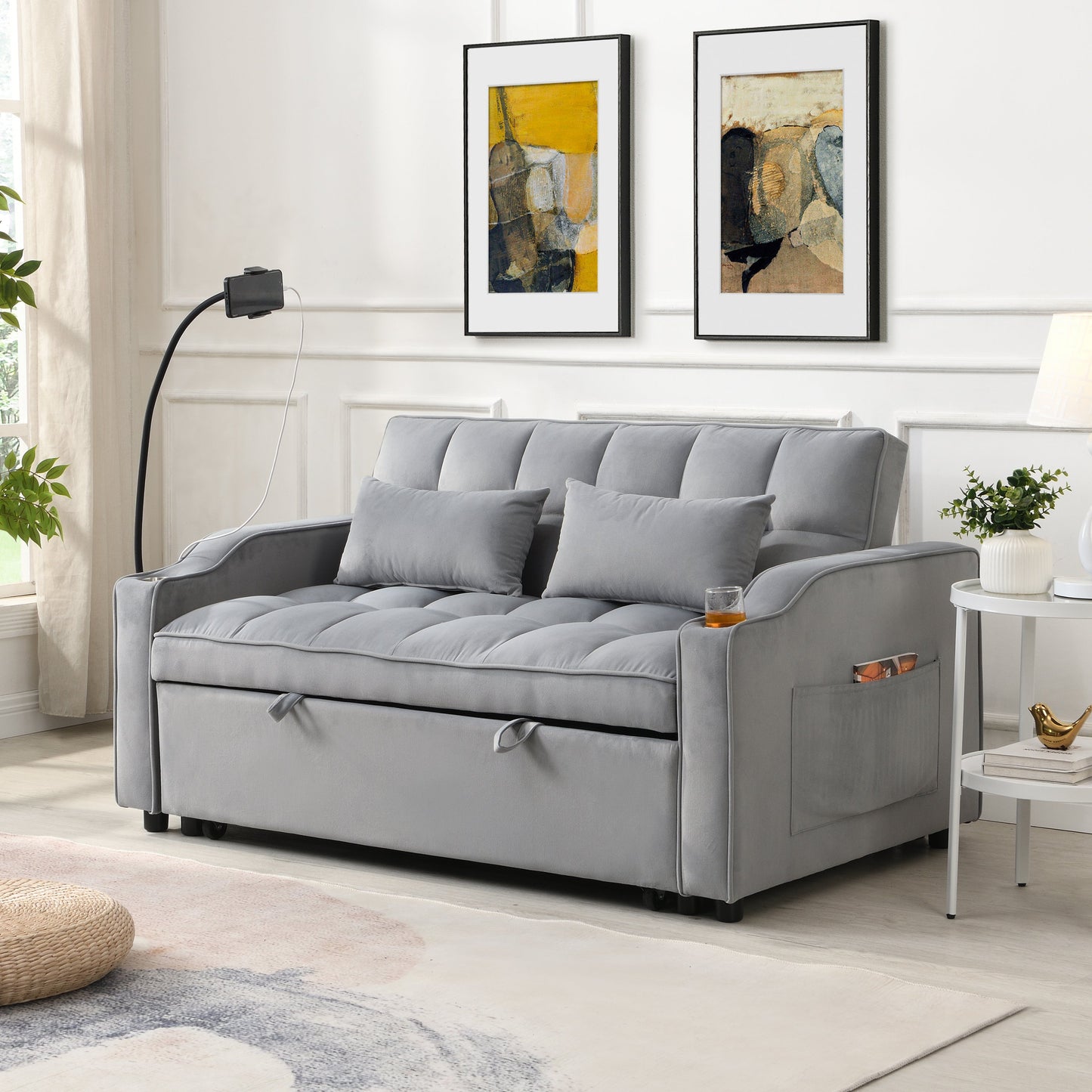 Modern Velvet Loveseat Futon Sofa with Pullout Bed gray tufted cushions, side pocket HouseOfZazla on Tampa Home & Garden Store