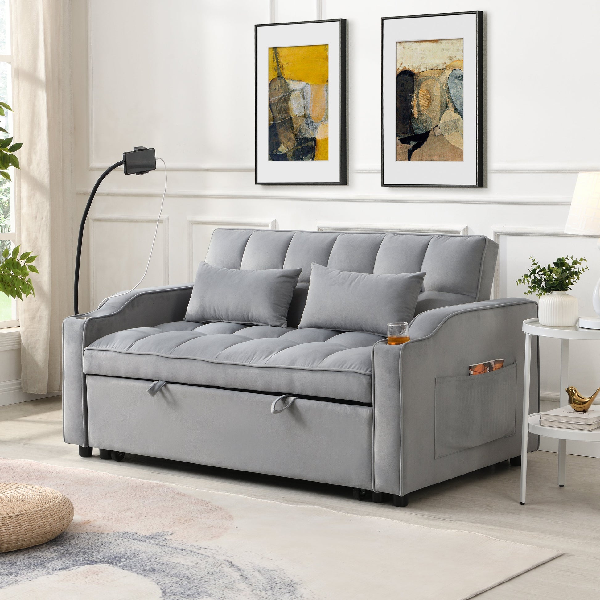 Modern Velvet Loveseat Futon Sofa with Pullout Bed gray tufted cushions, side pocket HouseOfZazla on Tampa Home & Garden Store
