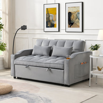 Modern Velvet Loveseat Futon Sofa with Pullout Bed gray tufted cushions, side pocket HouseOfZazla on Tampa Home & Garden Store