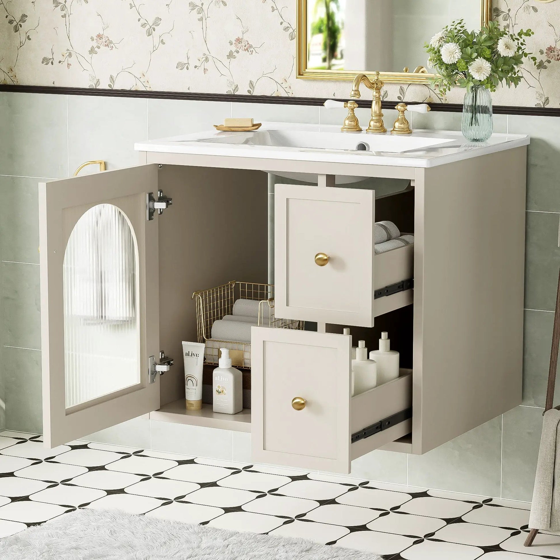 Wall-mounted vanity set with sink, 2 drawers and soft-close door in light gray on Tampa Home & Garden Store