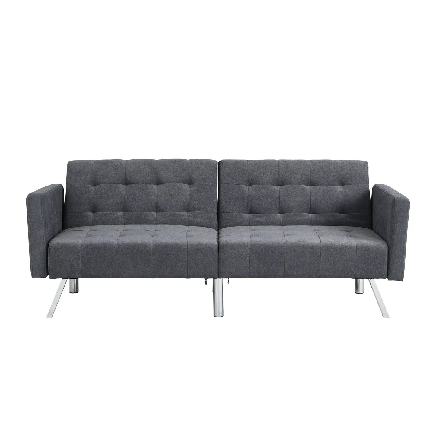 Futon sofa bed gray fabric with tufted cushions, armrests and metal legs on Tampa Home & Garden Store