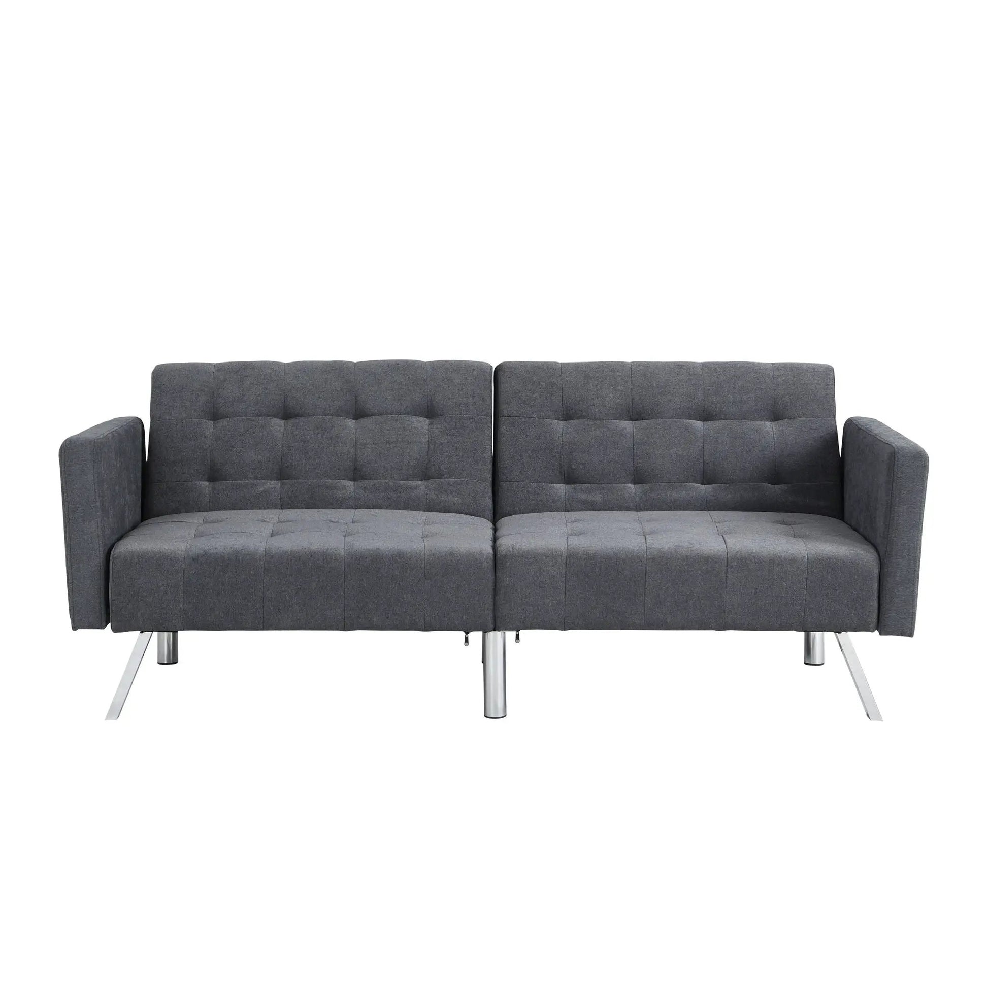 Futon sofa bed gray fabric with tufted cushions, armrests and metal legs on Tampa Home & Garden Store