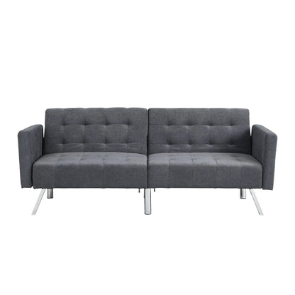 Futon sofa bed gray fabric with tufted cushions, armrests and metal legs on Tampa Home & Garden Store