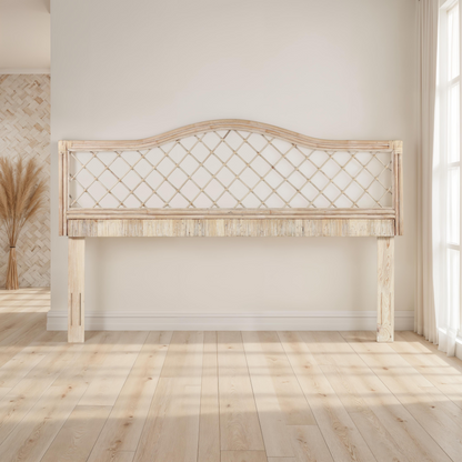 King Size Rattan Headboard Adjustable Bed with distressed beige wood frame and lattice panel on Tampa Home & Garden Store
