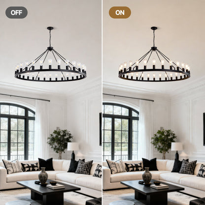64-inch matte black wagon wheel chandelier with 30 bulbs in a modern living room HouseOfZazla on Tampa Home & Garden Store