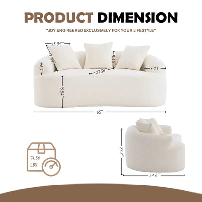 Loveseat sofa compact for small spaces in cream fabric with three cushions, 65 inches wide on Tampa Home & Garden Store