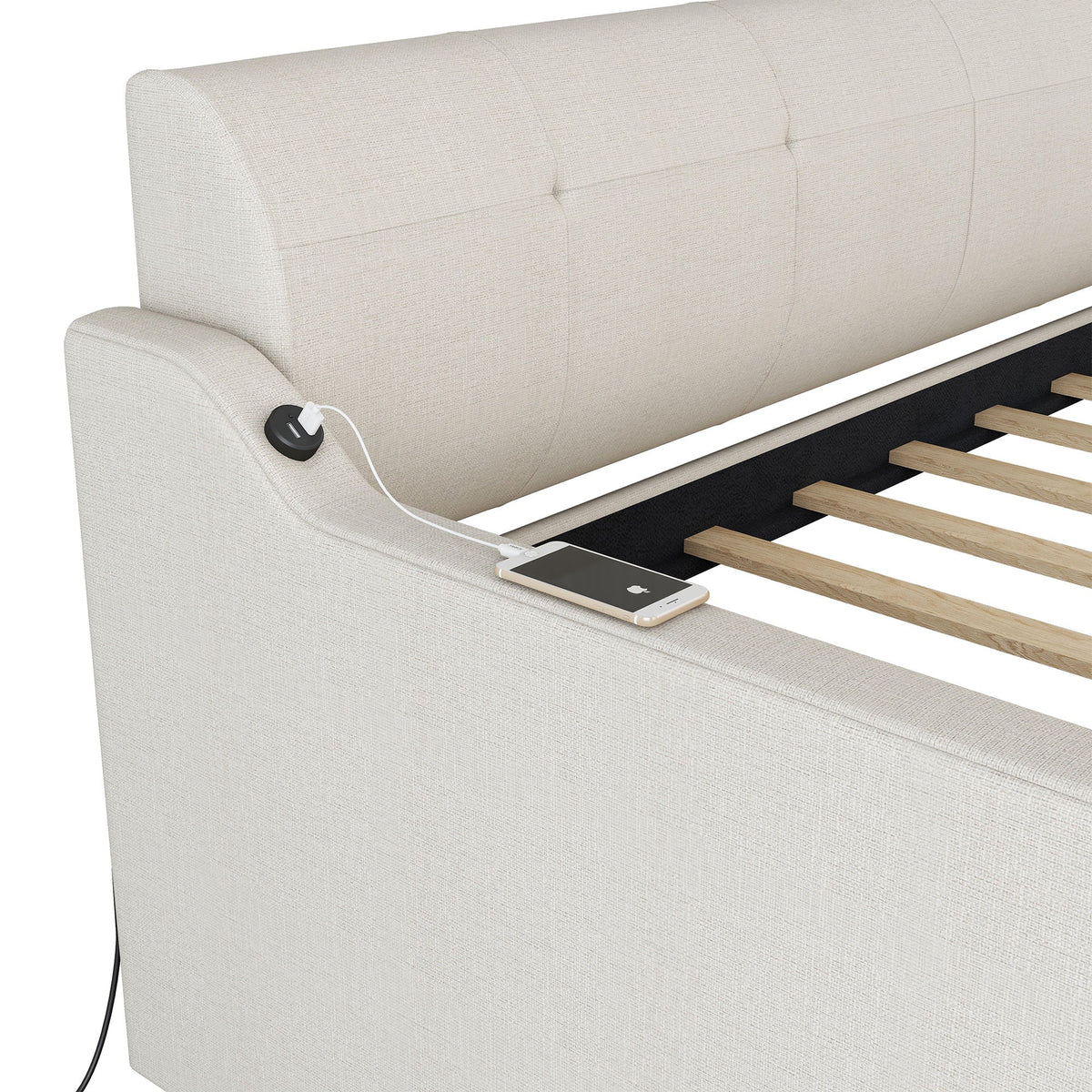 Upholstered daybed with trundle and USB charging in beige fabric by HouseOfZazla on Tampa Home & Garden Store