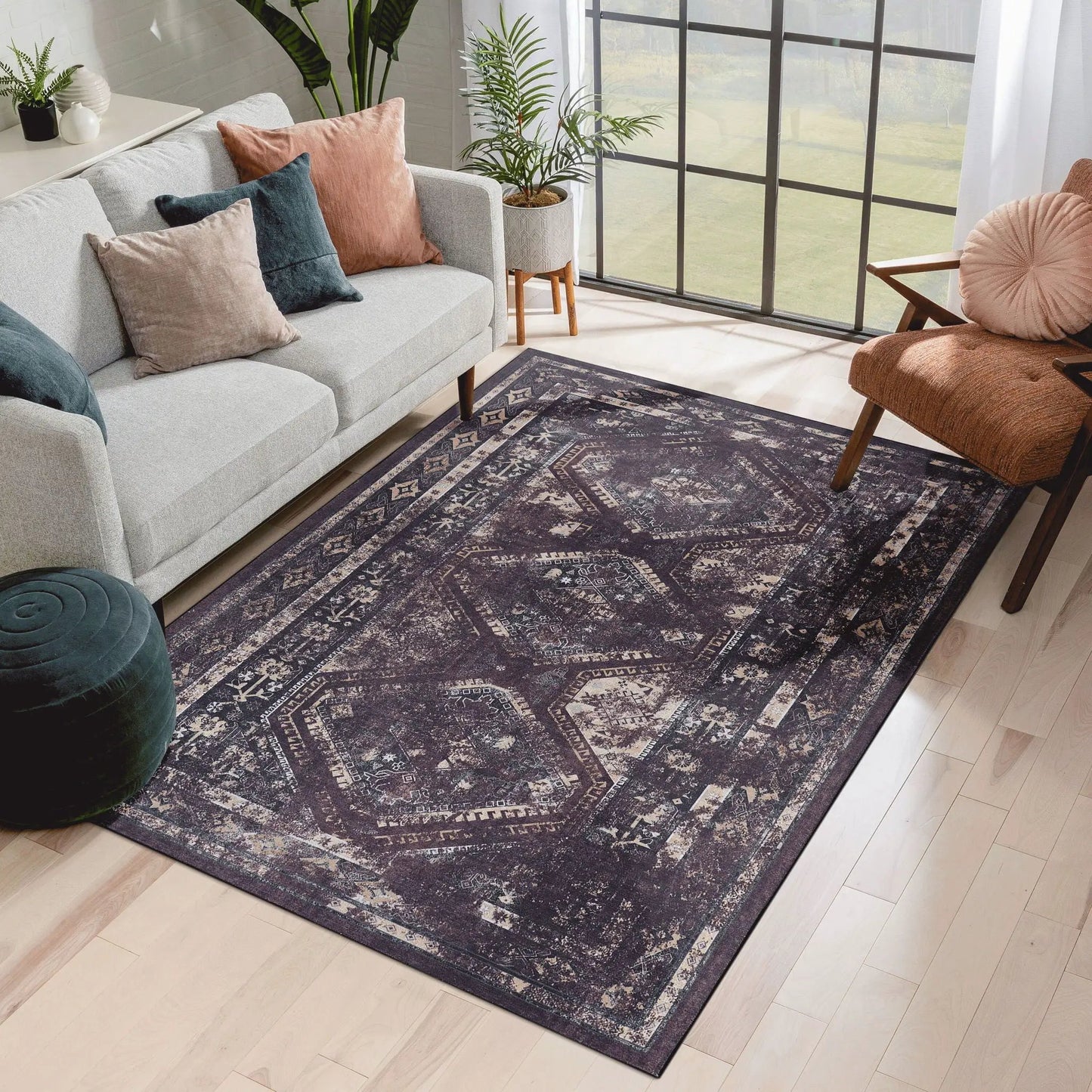Maval Washable Area Rug 5 by 8 Black Burgundy