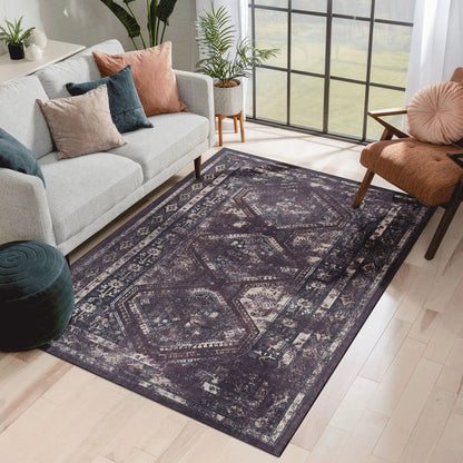 Maval Washable Area Rug 5 by 8 Black Burgundy