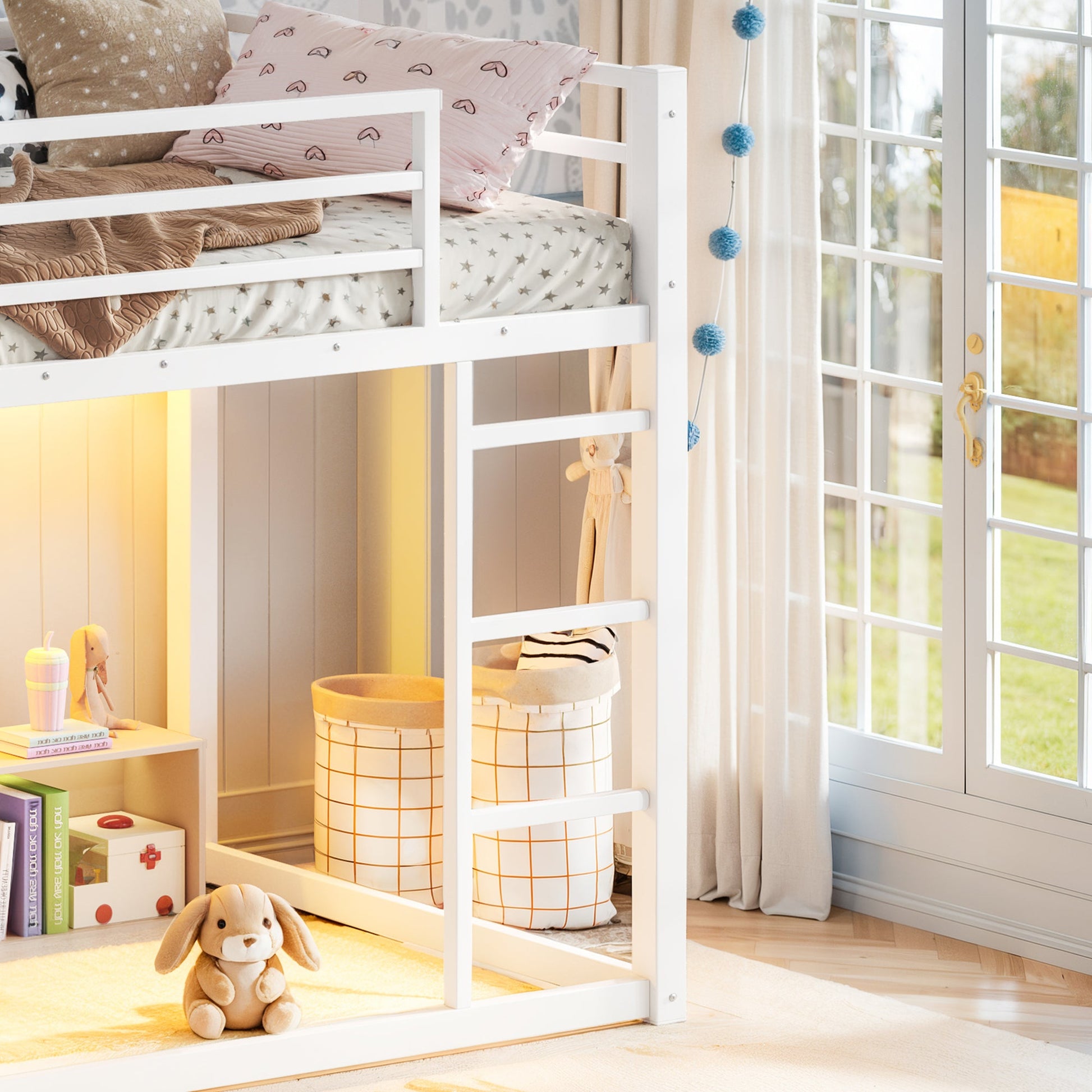 Twin Over Twin Bunk Bed with Storage Shelves and Drawers white wood frame by HouseOfZazla on Tampa Home & Garden Store